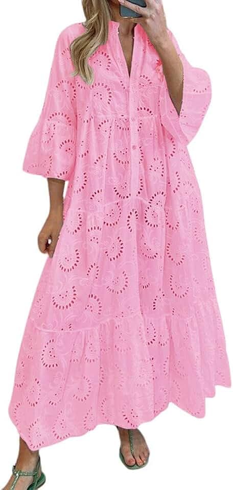 chouyatou Women's 2026 Lace Eyelet Embroidery Maxi Dress V-Neck Trumpet Sleeve Boho Flowy Swing Dress