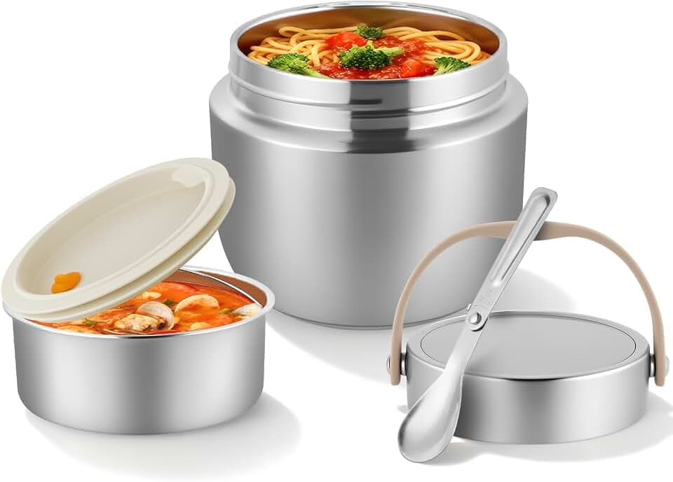 AiQInu Thermos-Lebensmittelbehälter für Erwachsene 1,2 l, Isolierter Edelstahl-Lunchbehälter mit Löffel und Griff, Weitmundig, Vakuumisoliert für Warme Speisen für Kinder und Erwachsene (Silber)