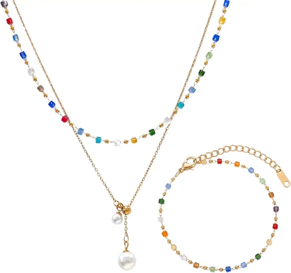 BELLA-Bee Y2K Colorful Bead Layered Choker Set Gold Plated for Women