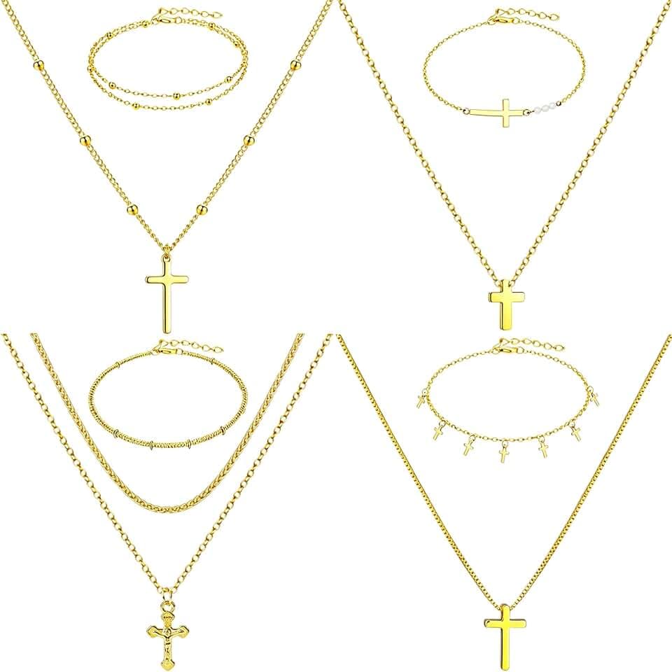 NEWITIN 8 Pieces Cross Jewelry Set for Women Gold Cross Pendant Necklace Bracelet Set Collarbone Chain Simple Long Necklace Fashion Gold Jewelry Gift for Women