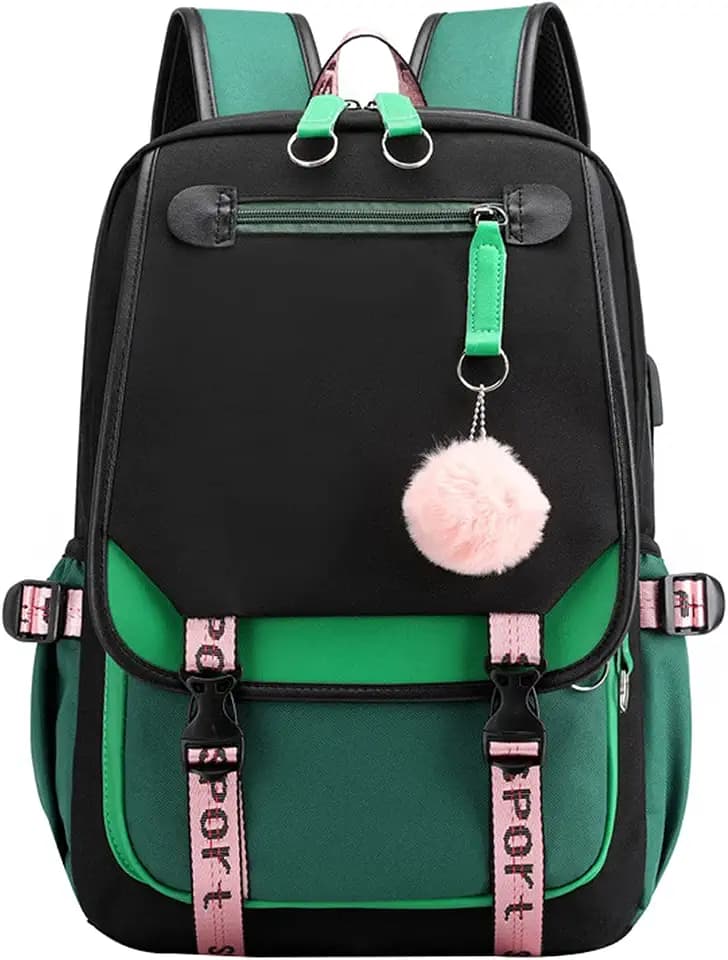 JiaYou Little Girls' School Students Book Bag Outdoor Daypack Backpack with USB Charging Port (Green Black, 21 Liters)
