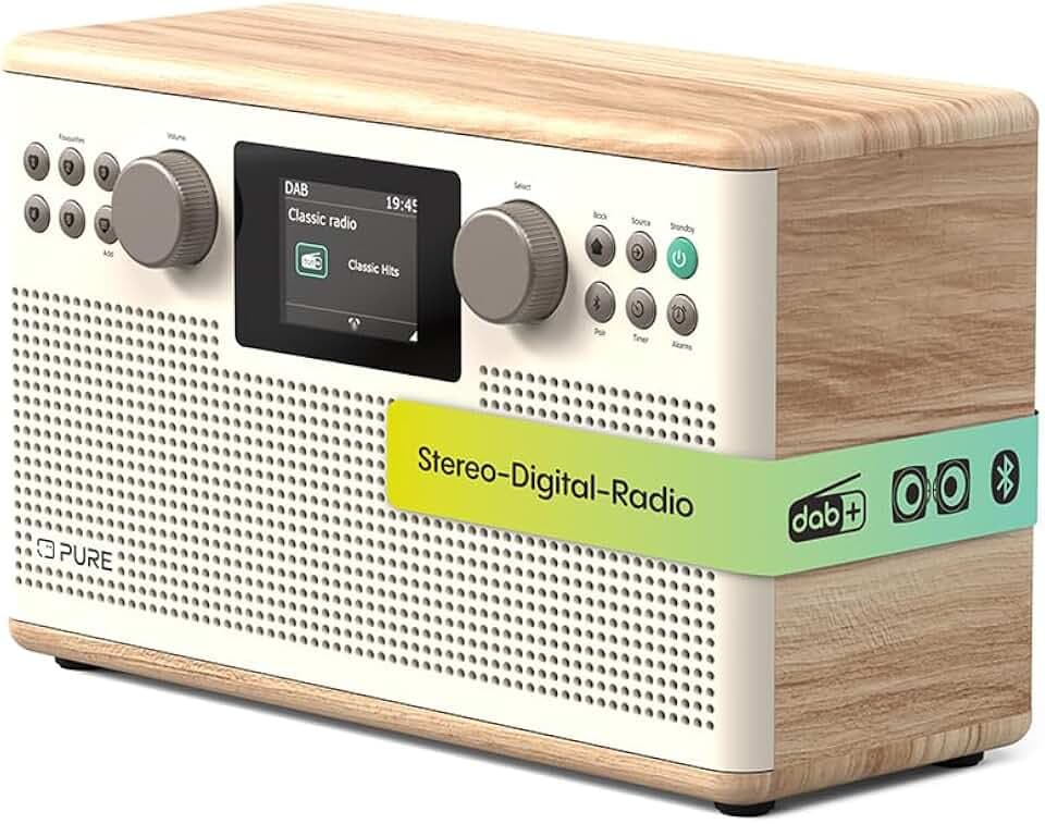 Pure Classic H6 Hi‑Fi Stereo‑Radio und Tisch‑Musikanlage mit DAB+ UKW Bluetooth 5.3 USB‑A & AUX 2,4" Farb‑TFT Fernbedienung Dual‑Wecker Schlaf‑ & Küchen‑Timer 2×15 W 80 Speicher – Baumwollweiß/Eiche