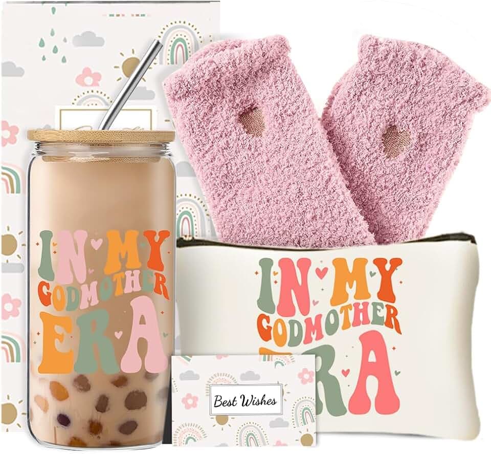 Godmother Proposal Gift Set for Women, In My Godmother Era 16 Oz Coffee Glass Cup, Unique Gifts for Birthday Christmas, Mothers Day Gift Set of 4