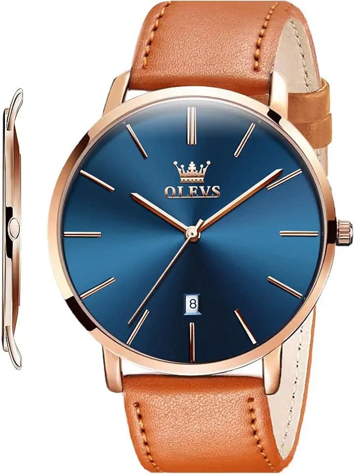 OLEVS Men Leather Watches Black Ultra Thin 6.5mm Minimalist Dress Fashion Simple Casual Waterproof Date Watch for Men