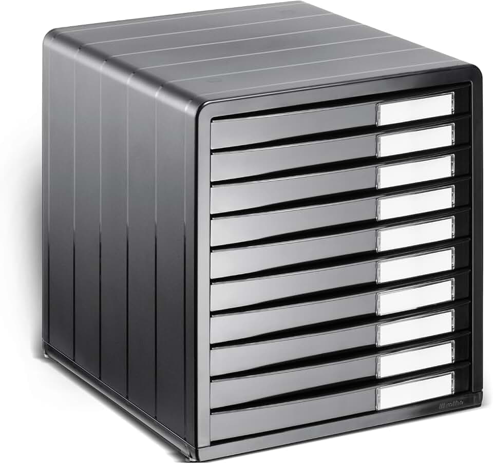 Rotho Timeless Schubladenbox / Bürobox mit 10 Schüben, Kunststoff (PS) BPA-frei, anthrazit, (34.5 x 29.0 x 32.0 cm), Grau