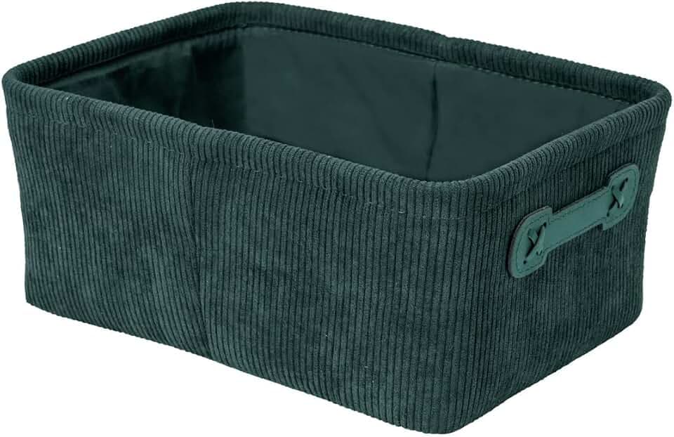 WENKO Badkorb Mod. Anela praktischer Aufbewahrungskorb aus 100% Polyester im Cord-Design mit Kunstledergriffen 27,6 x 12 x 20 cm Dunkelgrün