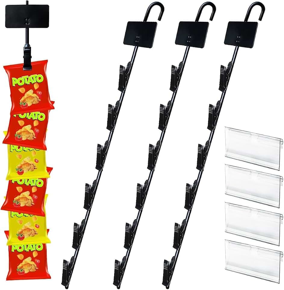Hanging Merchandise Strips with Hooks Chip Display Rack Stands Potato Bag Holder for Retail Displaying Label Headers Greeting Card Party Vendors Snack Candy Portable Organizer Storage (6 Chip 4 Pack)