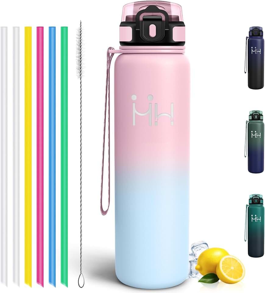 Motswedi Trinkflasche Edelstahl 1l, mit Strohhalm, Thermosflasche, Kalt & Warm, Auslaufsicher, Isolierflasche, Thermo Trinkflaschen, für Büro, Camping, Gym, Outdoor, Rosa & Himmelblau