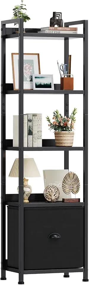 DUMOS 5 Tier Bookshelf with Fabric Drawer, Tall Industrial Bookcase, Narrow Display Standing Shelf, Wood and Metal Storage Shelf Organizer in Bedroom, Living Room, Modern Black