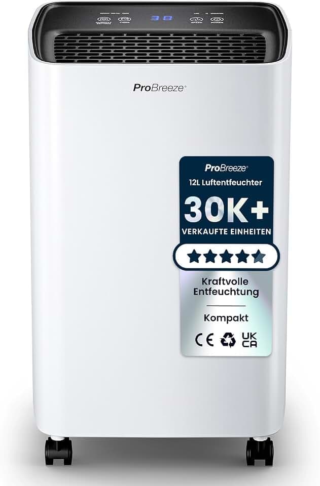 Pro Breeze Luftentfeuchter 12L in 24h Entfeuchtungsleistung - Dehumidifier - Luftentfeuchter elektrisch mit 2L Wassertank, Wäschetrockner, automatischem Feuchtigkeitssensor, Timer - Gegen Schimmel