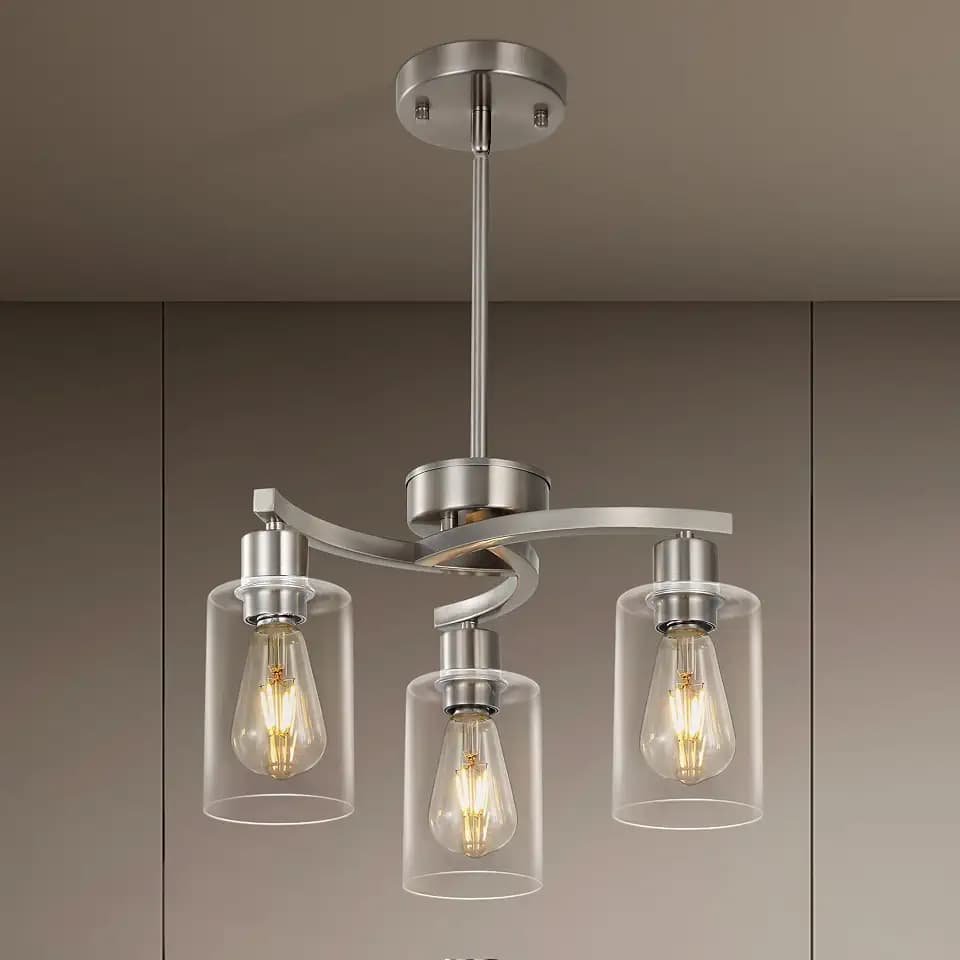3 Light Brushed Nickel Dining Room Light Fixture,Modern Kitchen Chandeliers Over Table，Adjustable Height Industrial Hanging Pendant Lights for Kitchen Island with Glass Shade