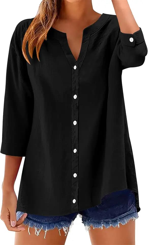 LOMON 3/4 Length Sleeve Womens Tops Cotton Linen V Neck Button Down Shirts