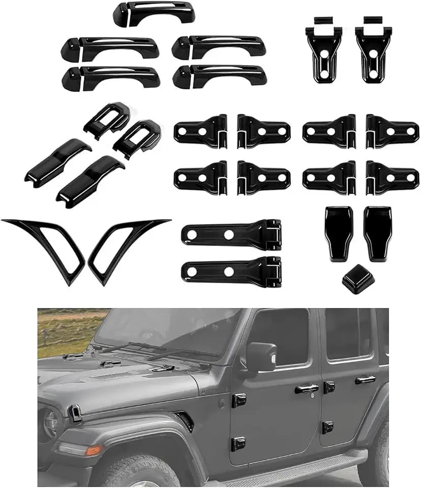CheroCar 43PCS Full Set Exterior Trim Kit Fit for 2018-2026 Jeep Wrangler JL 4Door Carbon Fiber Door Handle,Hood Hinge,Left Right Door Hinge,Tailgate Handle,Spare Tire Bracket,Fender Vent Cover Trim