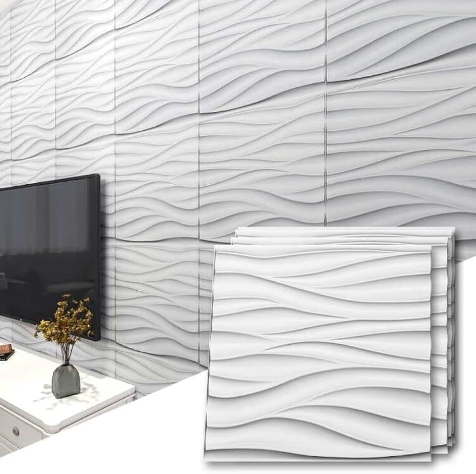 Art3d 19.7" x 19.7" (Pack of 12) Wall Panel Wavy, White