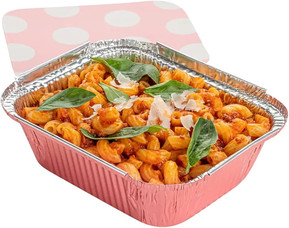 Restaurantware 12 Ounce Disposable Takeout Containers 50 Rectangle Food Containers - With Polka Dot Lids Pink Takeaway Containers Aluminum Delivery Containers Freezable