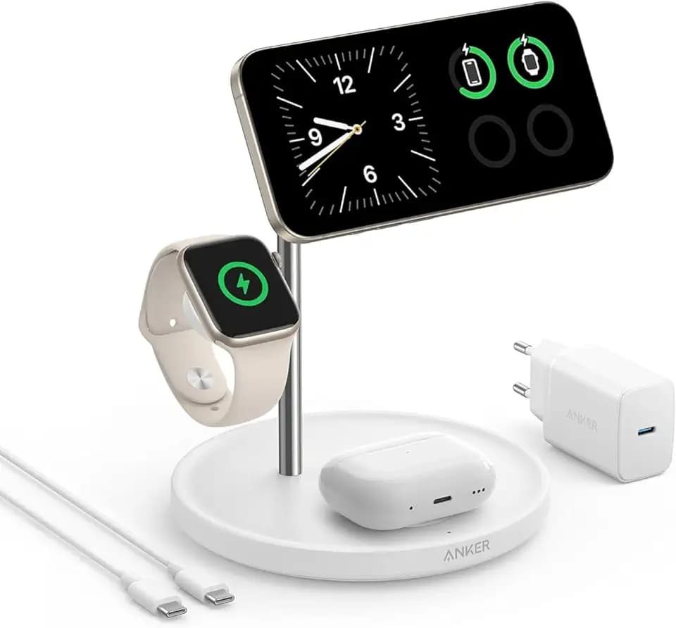 Anker MagGo 3-in-1 Kabellose Ladestation, 15W kabelloser Ladeständer, MagSafe-kompatibel, Qi2-zertifiziert, für iPhone 17/16/15/14 Serie, AirPods Pro, Apple Watch Ultra (Mit USB-C Netzteil und Kabel)