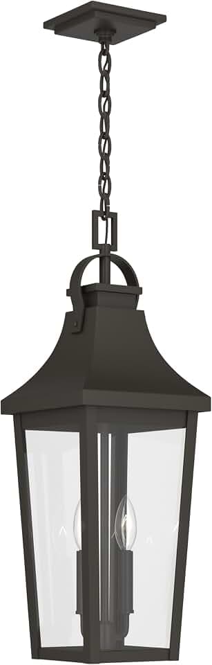 Kichler 24.75 Inch Cleary 2 Light Outdoor Modern Traditional Pendant Light, with Clear Glass in Olde Bronze, Waterproof Aluminum, (24.75" H x 8.5" W), 59198OZ