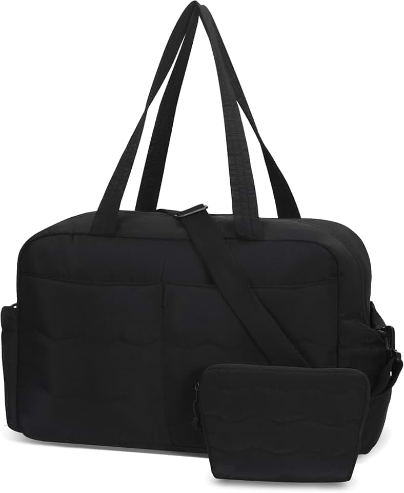 Hynes Eagle Travel Duffel Bag for Women with Toiletry Accessories Pouch Quilted Lightweight Overnight Weekender Carry on Bag with Wet Pocket Large Gym Puffer Tote Bag 31L Black