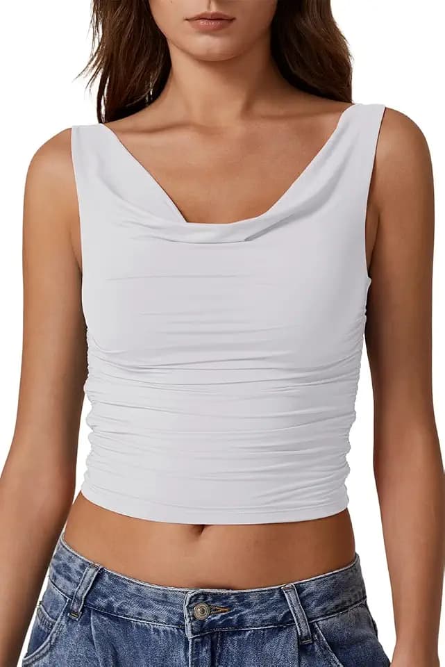 QINSEN Women's Cowl Neck Top Sleeveless Ruched Double Lined Crop Top Y2k T Shirts