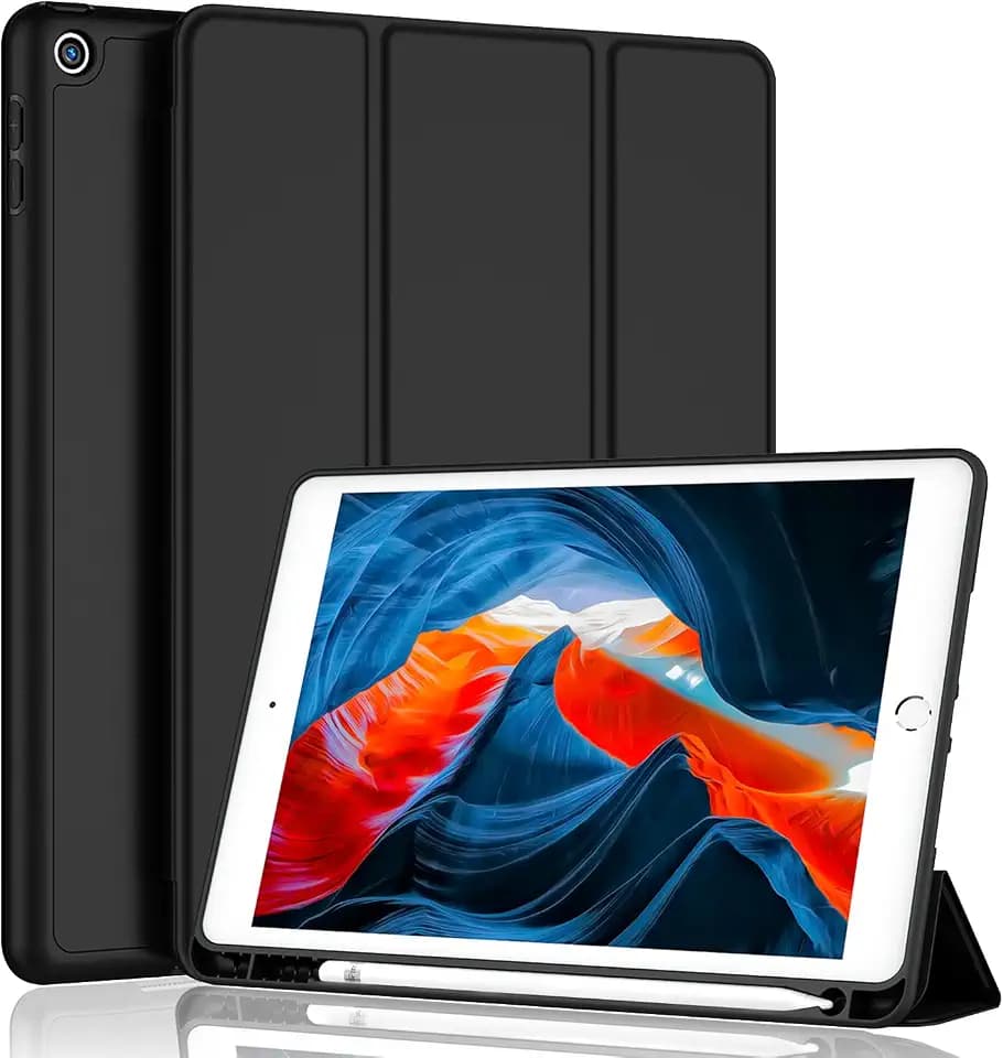 iMieet iPad 9th Generation Case 2021/iPad 8th Generation Case 2020 10.2 Inch with Pencil Holder, iPad 7th Gen 2019 Case with Soft Baby Skin Silicone Back, Auto Wake/Sleep Cover (Black)