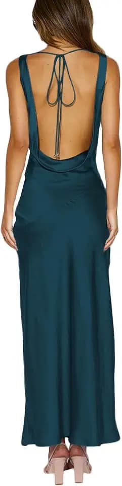 KOUNAI Satin Backless Formal Maxi Dresses for Women Wedding Guest