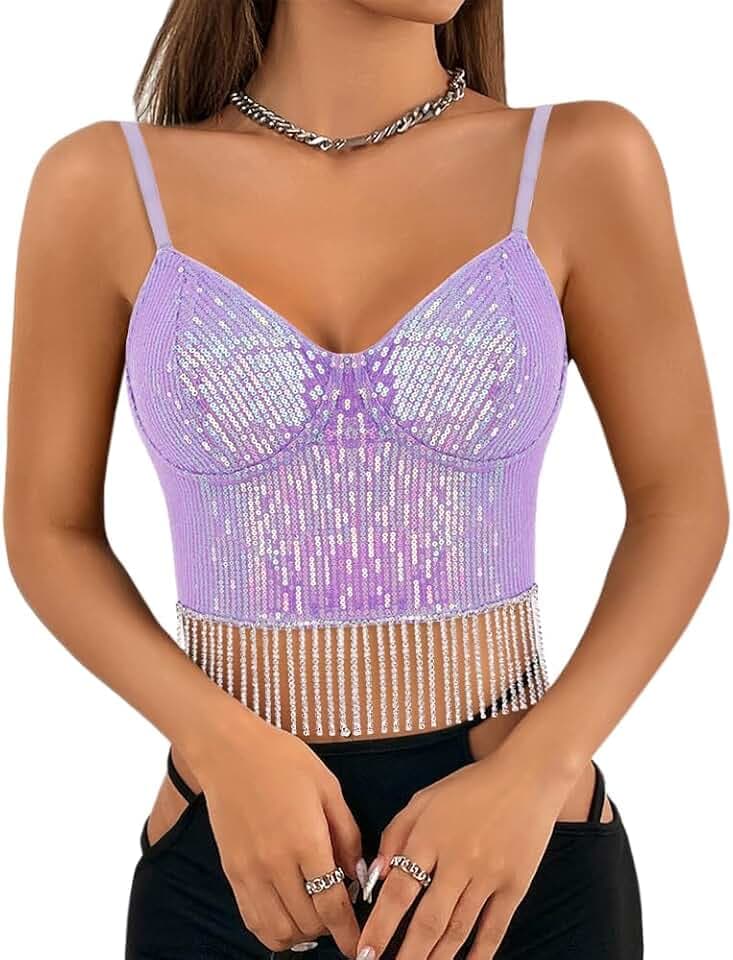 Women's Sexy Sequin Crop Top Spaghetti Strap Tank Top Sleeveless
