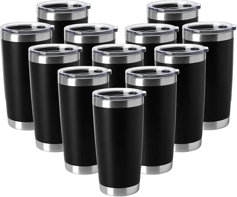 HASLE OUTFITTERS 20oz Tumblers Stainless Steel Mugs with Lid Double Wall Vacuum Insulated Coffee Cups for Cold & Hot Drinks (20oz-Black, 12 Pack)