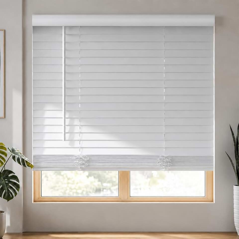 MYshade 2" Cordless Faux Wood Blinds, 33" W x 60" H, Slat Horizontal Blinds with Crown Valance, Room Darkening, Moisture Resistant, Window Blinds for Home Interior, White
