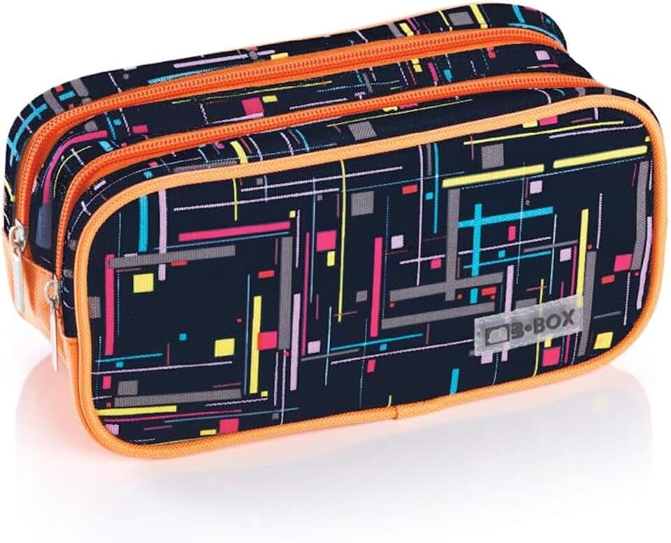 Favorit Federmäppchen für die Schule, groß, mit 2 Fächern, geometrischer Druck in Schwarz und Orange, 22 x 10 x 10 cm, mit 2 Reißverschlüssen