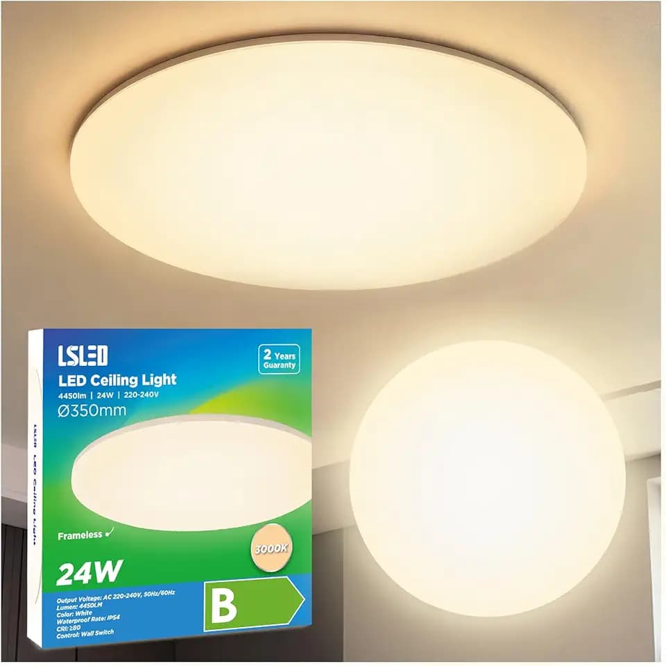LED Deckenleuchte 24W 4450lm, Φ35CM 3000K Warmweiß IP54 Wasserfest, Deckenlampe Ultraflaches Panel Rahmenloses Design für Wohnzimmer Küche Büro Bad, Rund