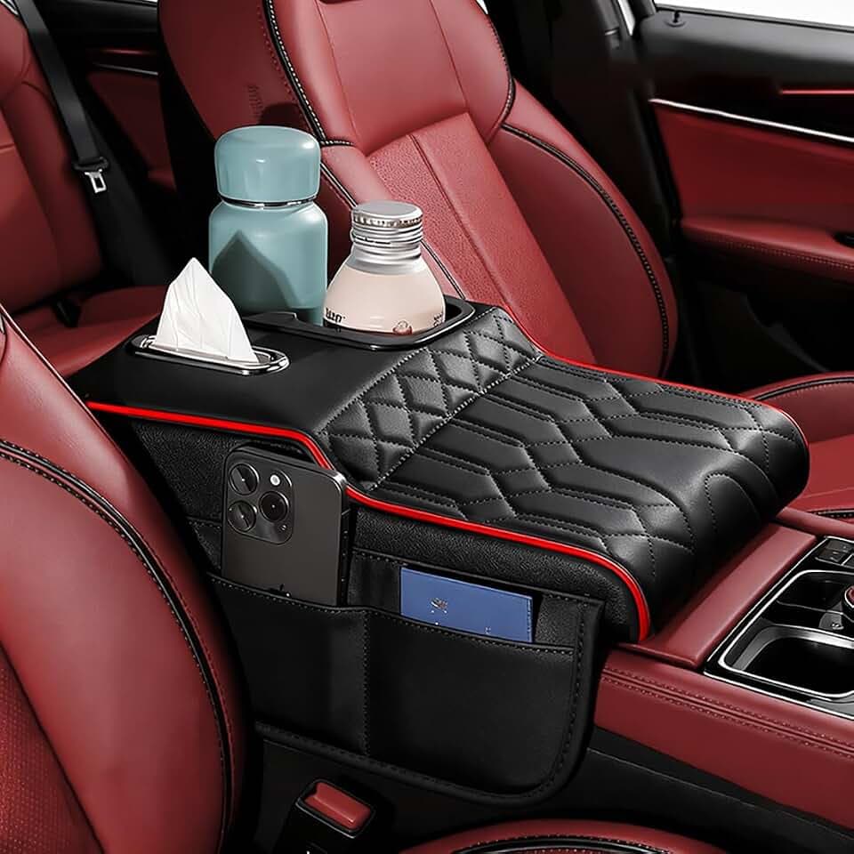 Upgraded Car Center Console Cover,PU Leather Car Armrest Cover Cushion Contains High Elasticity Sponge with 2 Storage Bags Tissue Box (Black RED-B)