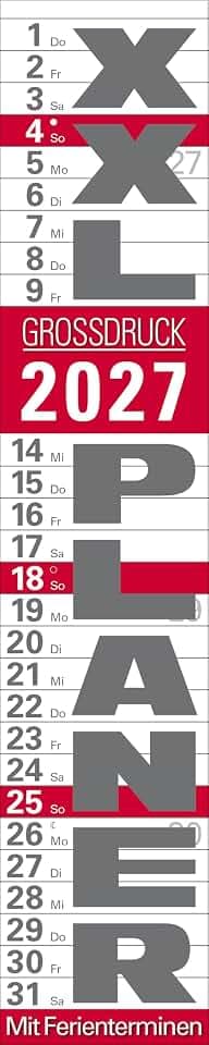 XXL Planer Großdruck rot 2027: Streifenkalender mit Datumsschieber, Ferienterminen, Spiralbindung und extra großer Schrift I schmal im Format: 17 x 85 cm