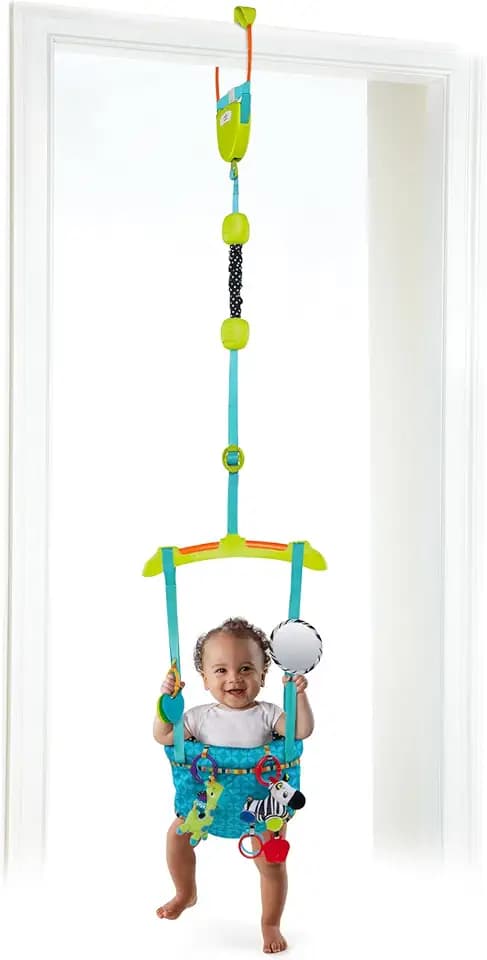 Bright Starts, Deluxe Türhopser mit sicherer und stabiler Türrahmenklemme, gepolstertem und maschinenwaschbarem Sitz sowie 4 Spielzeugen, leicht zu transportieren