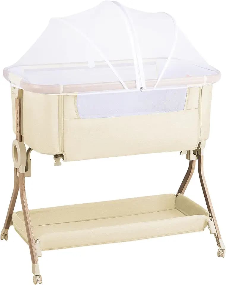 Larex Beistellbett Baby,3 in 1 Babybett mit Moskitonetz,Aufbewahrungstasche & Korb,5-stufig Höhenverstellbares Babybett,4 Räder mit Bremse,atmungsfreundliche Matratze & Mesh (Khaki)