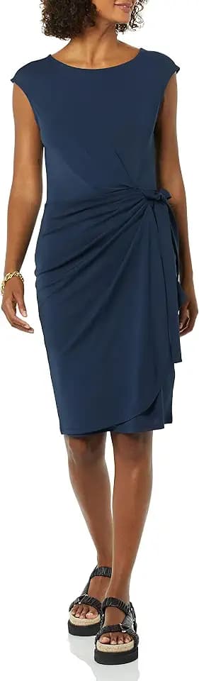 Amazon Essentials Women's Cap Sleeve Boat-Neck Faux Wrap Pleated Matte Jersey Dress