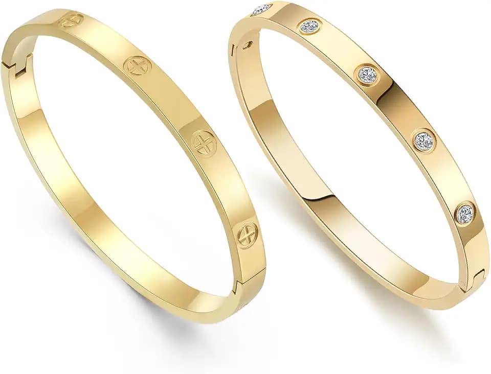 2-Pack Friendship Bracelets for Women, 18K Gold Plated CZ Cuffs