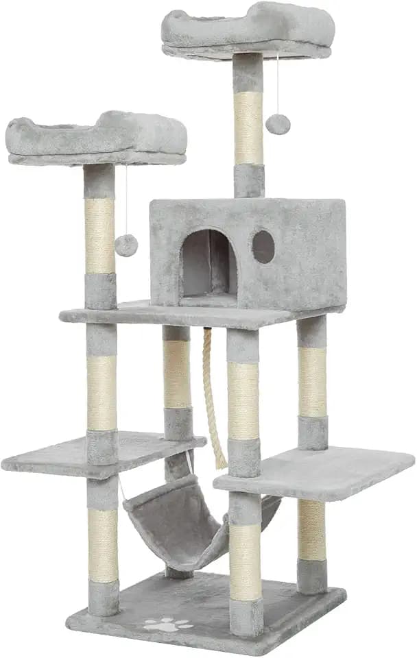 Meerveil Katzenbaum, 145 cm hoch, großer Kratzbaum, mehrstufig, stabiler Katzenkletterturm mit gepolsterten Plüschsitzstangen, Spieltürmen, Katzenkletterturm, Spielzeug für Katzenaktivitäten, Hellgrau