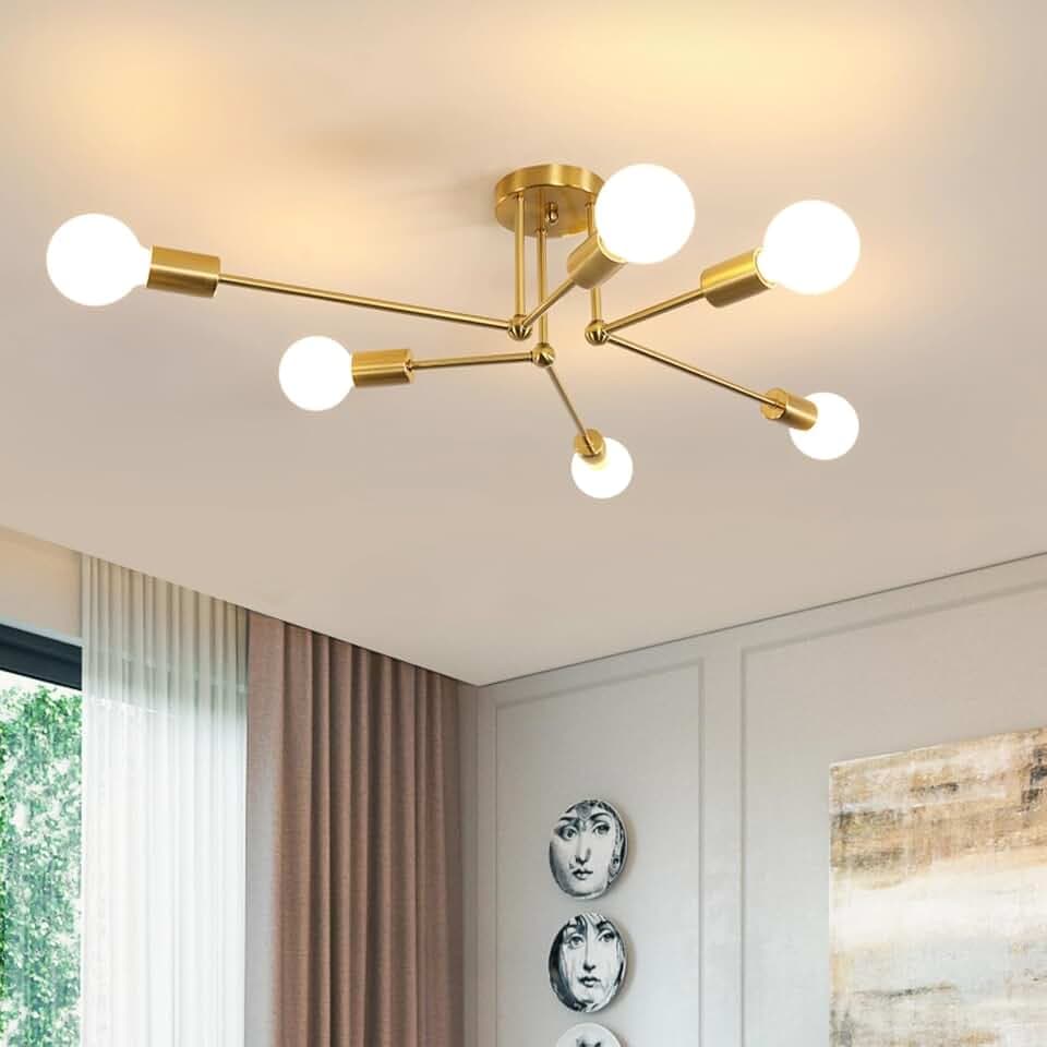 Comely Sputnik Kronleuchter Lichter, Vintage 6 Flammig Industrielle Deckenlampe aus Golden, E27 Retro Deckenleuchte Lampe mit für Wohnzimmer, Schlafzimmer, Gold, Durchmesser 70cm (ohne Glühbirne)