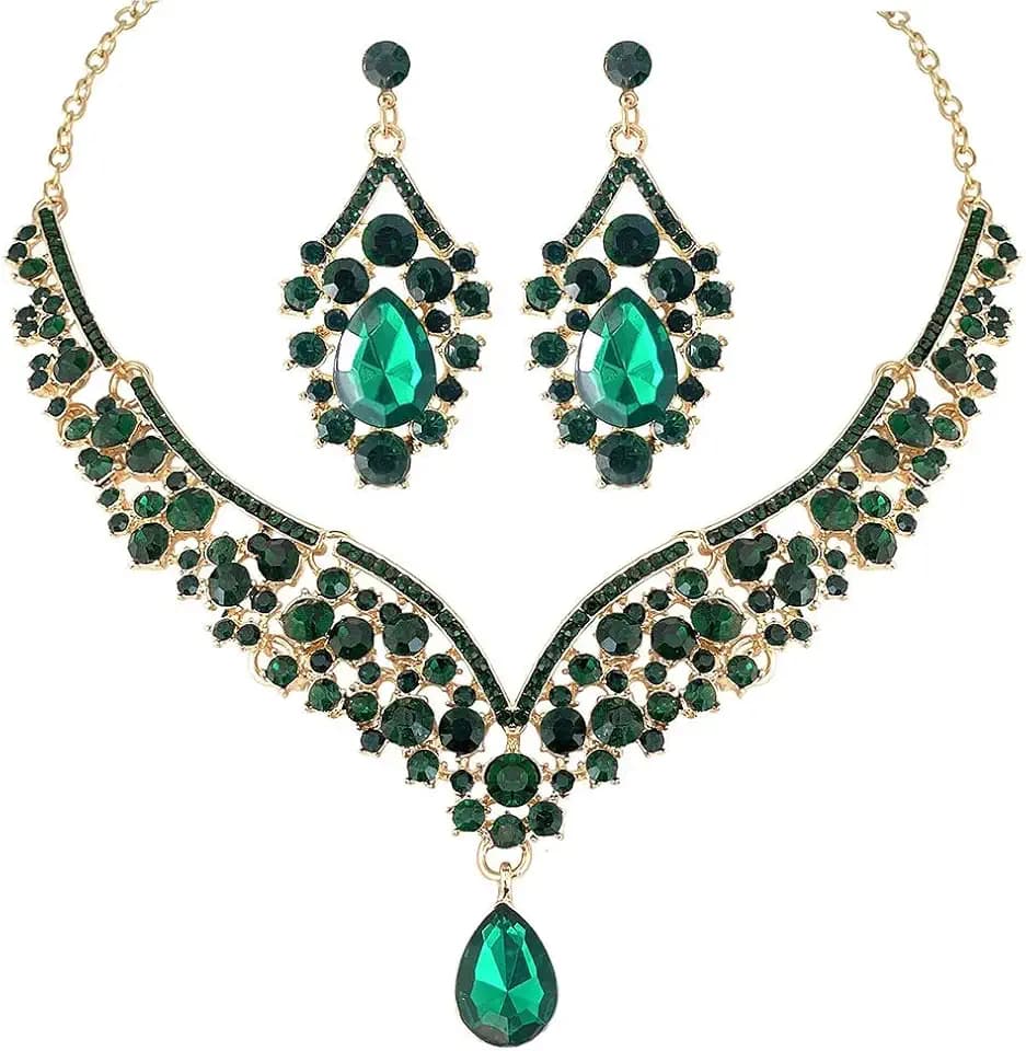 Beaded Necklace and Earring Set with Rhinestone Chains, Clear Stones, Fashion Jewelry Accessories for Women