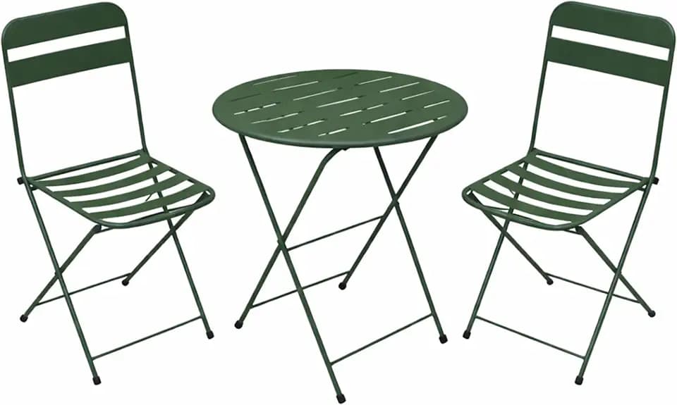 Alpine Corporation VTFAM168A-GN 3-Piece Green Metal Folding Bistro Set – 20" Round Patio Table with 2 Folding Chairs – Portable Indoor/Outdoor Balcony & Garden Furniture Set