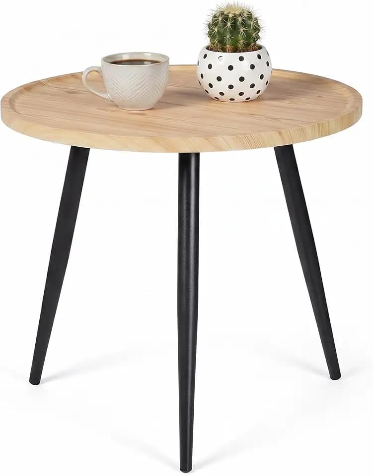VECELO Modern Side Table, Round Small End Table, Exclusively Designed Hand-Crafted Small Nightstand, Solid Wood,Light Wood top with Black Metal Legsfor Bedrooms, Living Rooms and Home Office