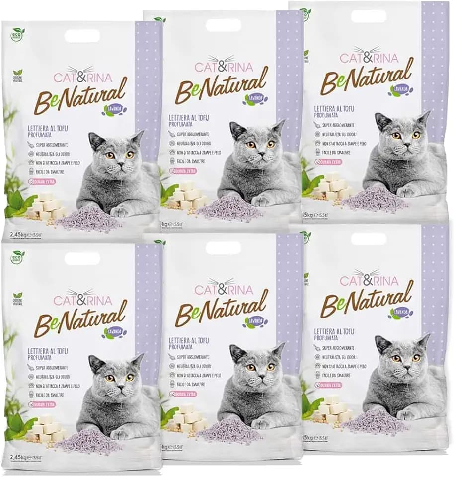 Cat&Rina Tofu Katzenstreu, 5,5 l, pflanzliches klumpendes Katzenstreu, bis zu 30 Tage Nutzung, Entsorgung in Bio oder Toilette, geruchshemmend, Lavendelduft, 6 Stück