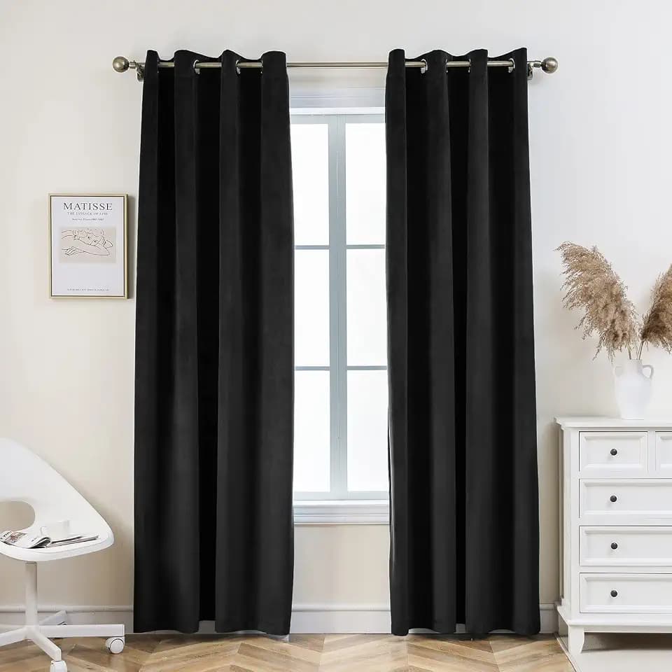 PLEASANT BOULEVARD | Velvet Curtains [2 Panels] Elegant Living Room Bedroom Window Drape Curtain, Grommet Eyelet Style (52" W x 84" L, Black)