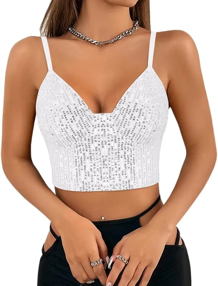 Women's Sexy Sequin Crop Top Spaghetti Strap Tank Top Sleeveless