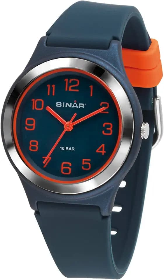 SINAR Jungen-Armbanduhr Jugend Sportuhr Fitness Analog Quarz 10 Bar wasserdicht Silikonband Dunkelblau Orange XB-48-12