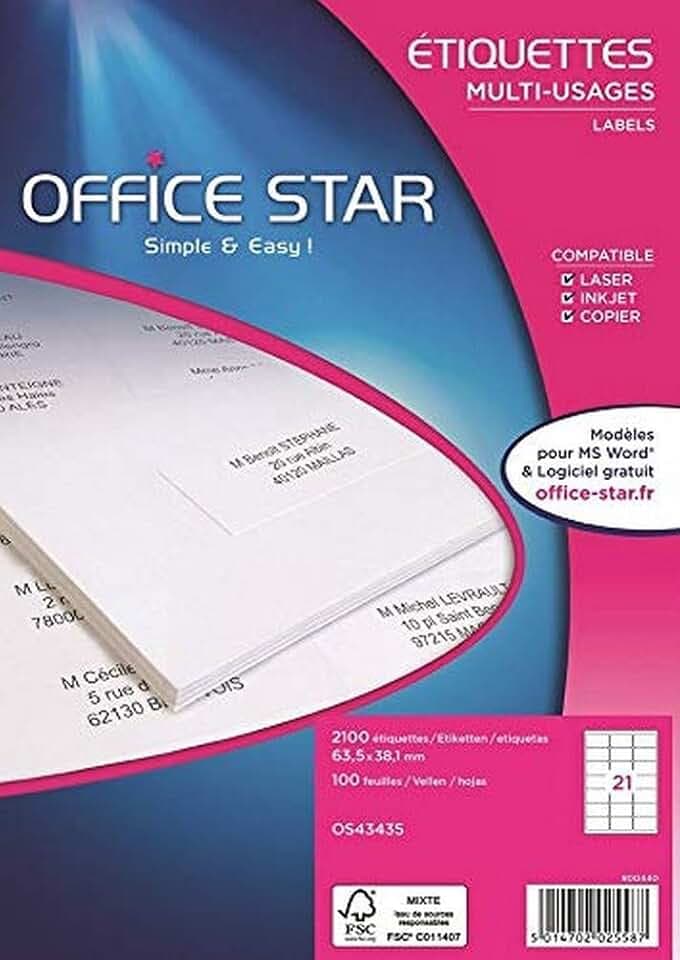Office Star bôite 2100 Vielzwecketiketten, 63,5 x 38,1 mm, weiß