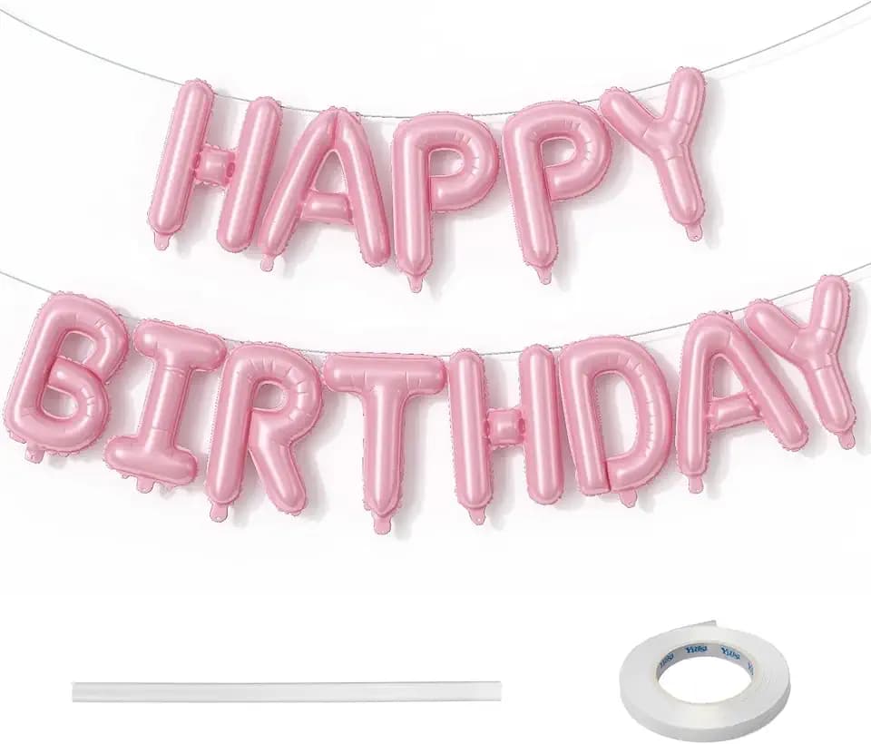Pink Happy Birthday Balloon Banner, 16 Inch Pastel Pearl Baby Pink Self Inflating Happy Birthday Mylar Foil Balloon, Birthday Bunting Banner Letter Balloons for Girls Women Birthday Party Decorations