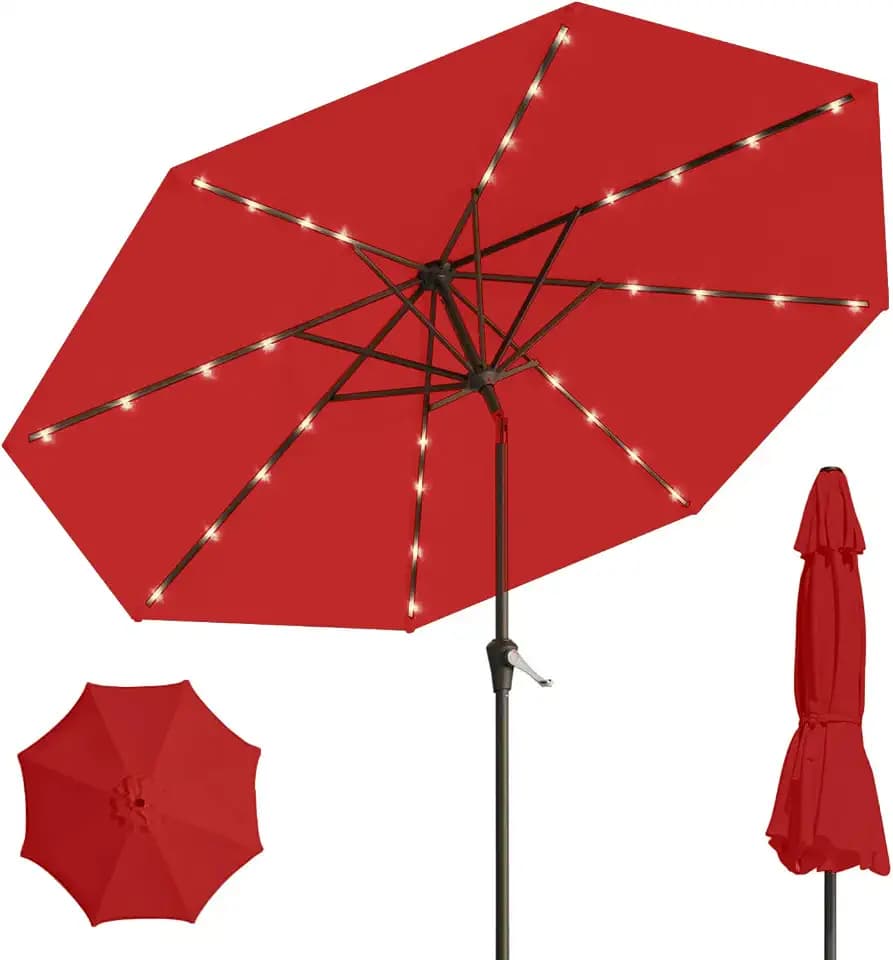 9' Solar LED Patio Umbrella with Tilt & Crank|8 Sturdy Ribs,UV Protection,Outdoor Market Table Umbrella for Deck,Lawn,Pool,Backyard