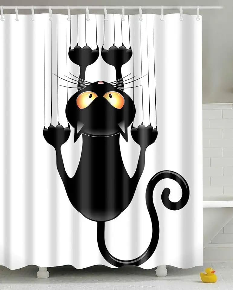 Duschvorhang Lustige Katze humorvoll Schwarzes Kätzchen Badewanne Vorhang Schwarz und Weiß Minimalismus Kunst Kinder Niedliche Cartoon Tier Wasserdicht Stoff Badevorhang 240x180cm