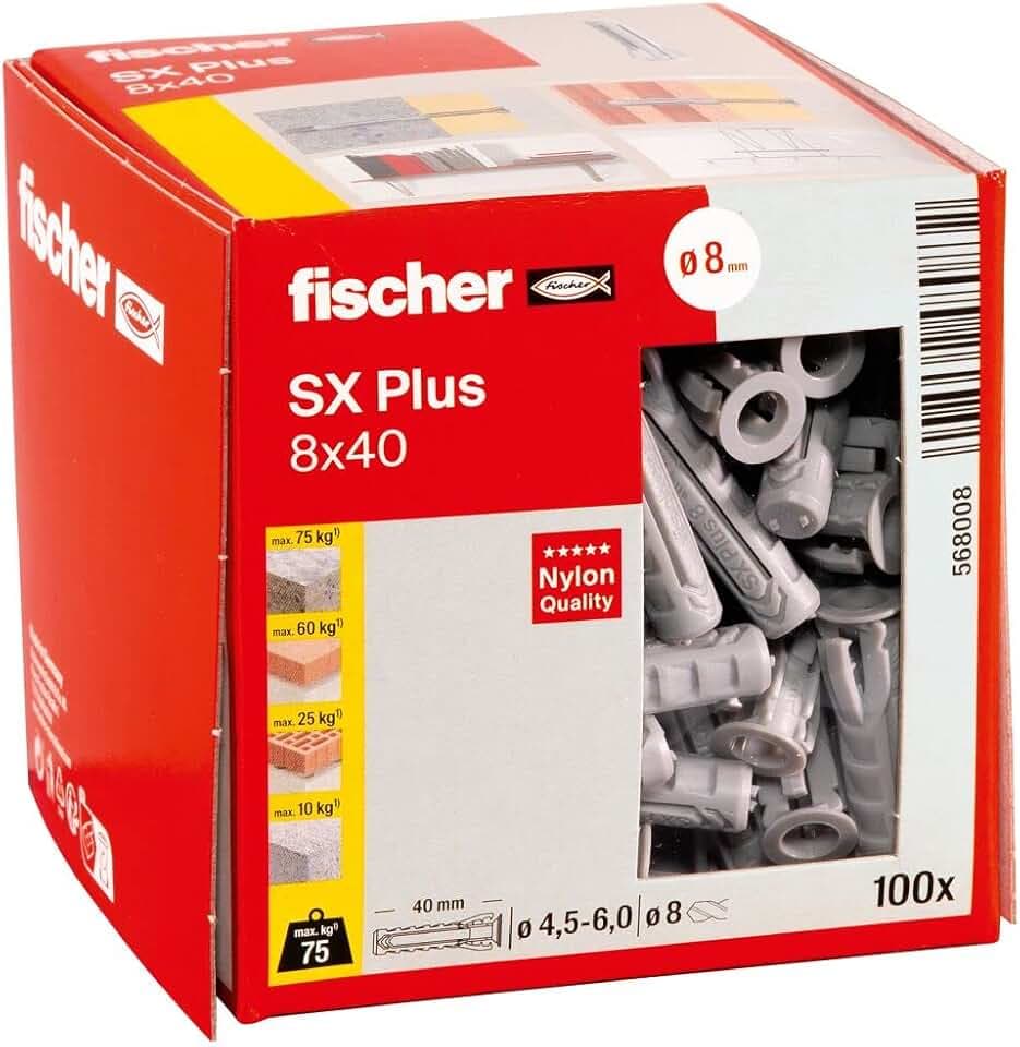 fischer Spreizdübel SX Plus 8 x 40, Schachtel mit 100 Nylondübeln, Dübel für optimalen Halt bei Befestigungen in Beton, Vollziegel, Porenbeton, Hochlochziegel uvm.